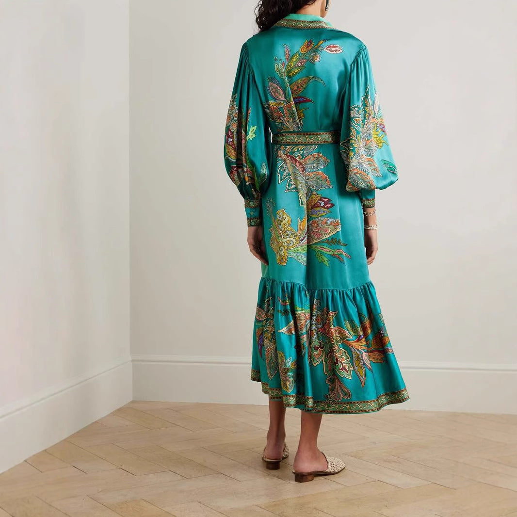 Vacation Lapel Collar Single-Breasted Puff-Sleeve Long-Sleeve Retro Printed Dress