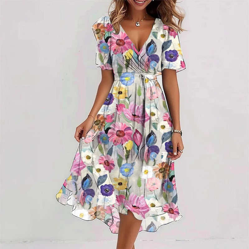 Robe d'été évasée à fleurs imprimées et col en V, à manches courtes pour femme