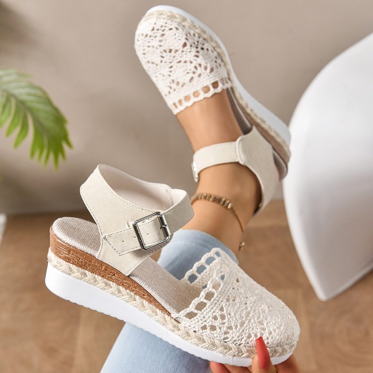 Straw-woven Wedge Sandals Womens Summer Platform Thick-soled Waterproof High Heels