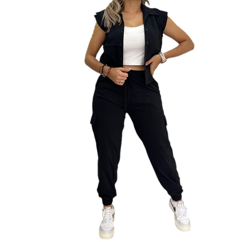 Damen modischer eleganter Revers Kurzarm-Hemd- und Hosenanzug