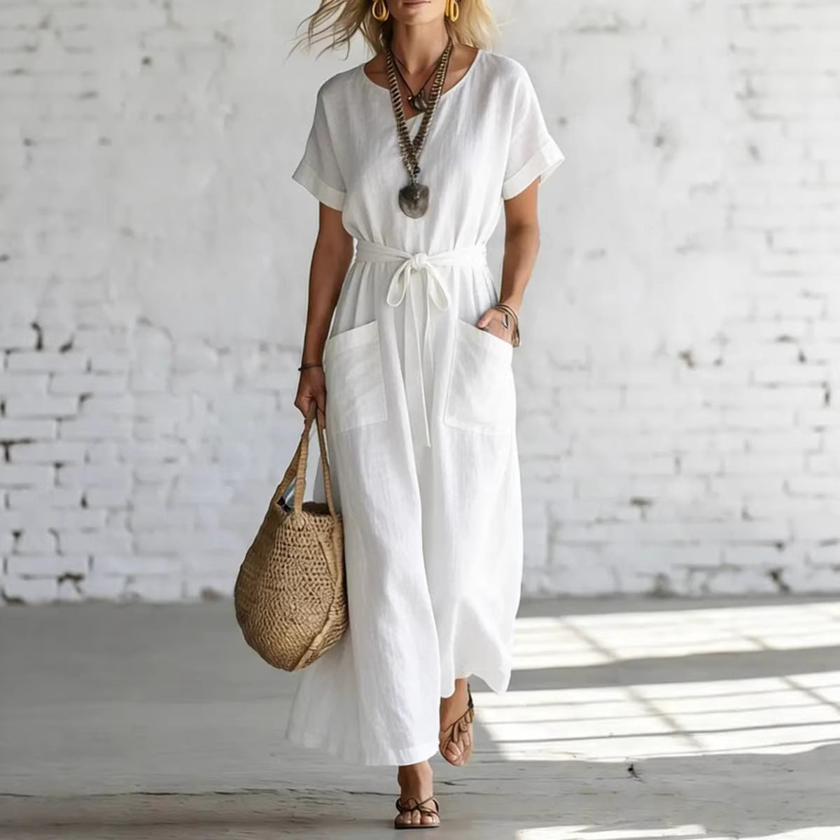 Short-Sleeve V-Neck Cotton-Linen Casual A-Line Dress