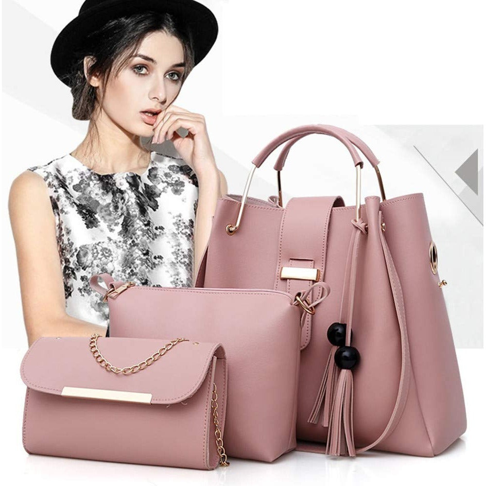 Ensemble de sacs à main pour femme 3 pièces avec pompon, sac fourre-tout, pochette, sac à bandoulière, sac à poignée supérieure
