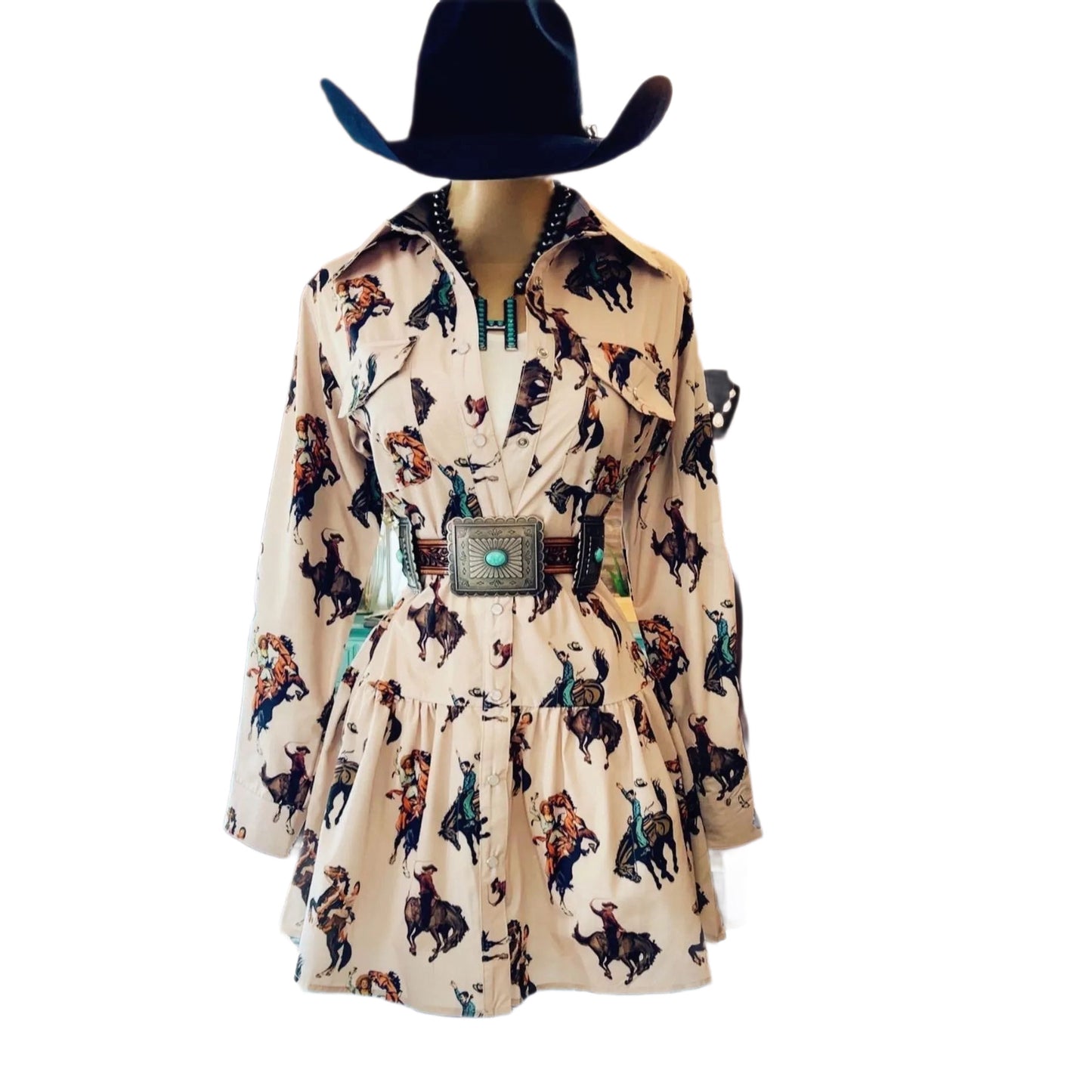 Westernkleid mit Langarm und Cowboy-Print
