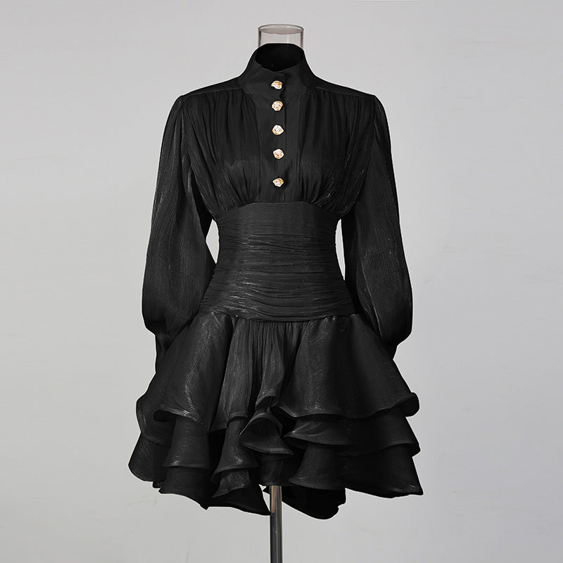 Mesh Puff-sleeve, Waist-cinched Dress With Ruffled Hem And Designer Details