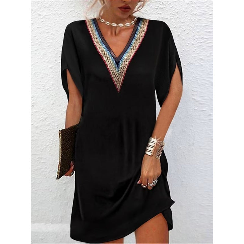 Modisches Temperament Ausschnitt Farbe Spitze Kleid