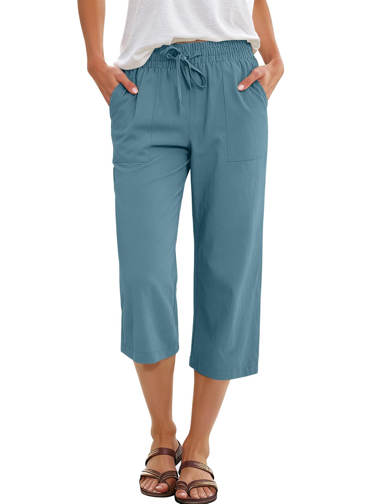 Solid-color Cotton-linen Relaxed-fit Drawstring Wide-leg Casual Pants