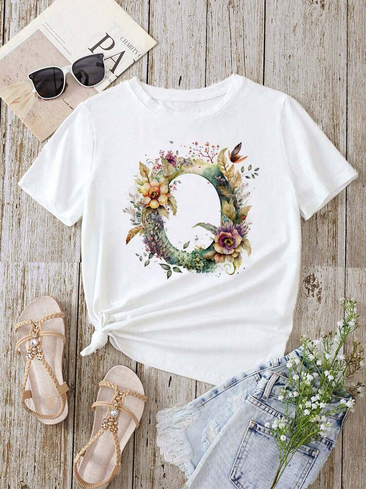 Stylish Womens T-shirt Featuring A Floral Letter Font With The First Letter Of Your Name Short-sleeve Top In White