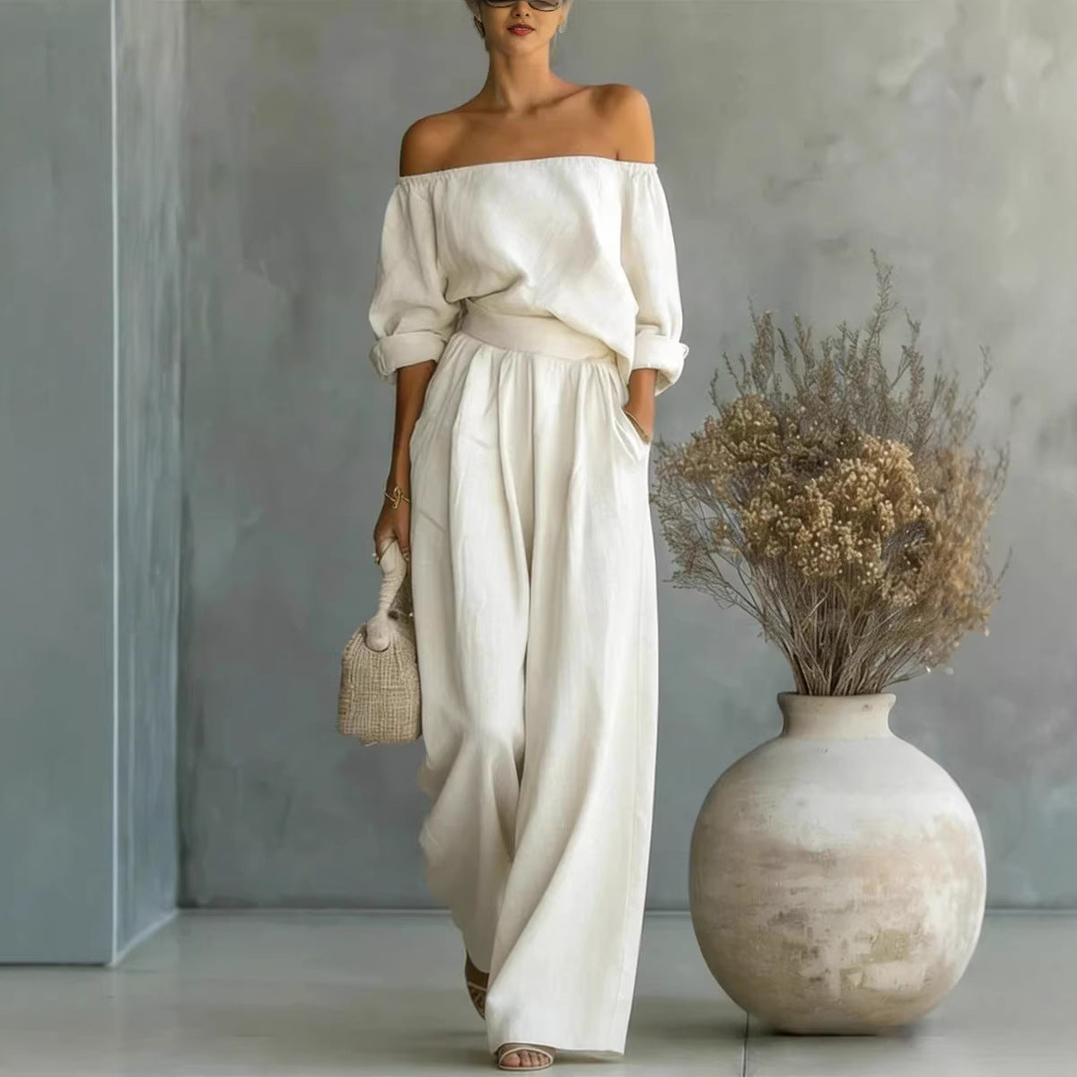 Freizeit Zweiteiler Damen-Outfit Off-Shoulder Top und Weite Hose Set