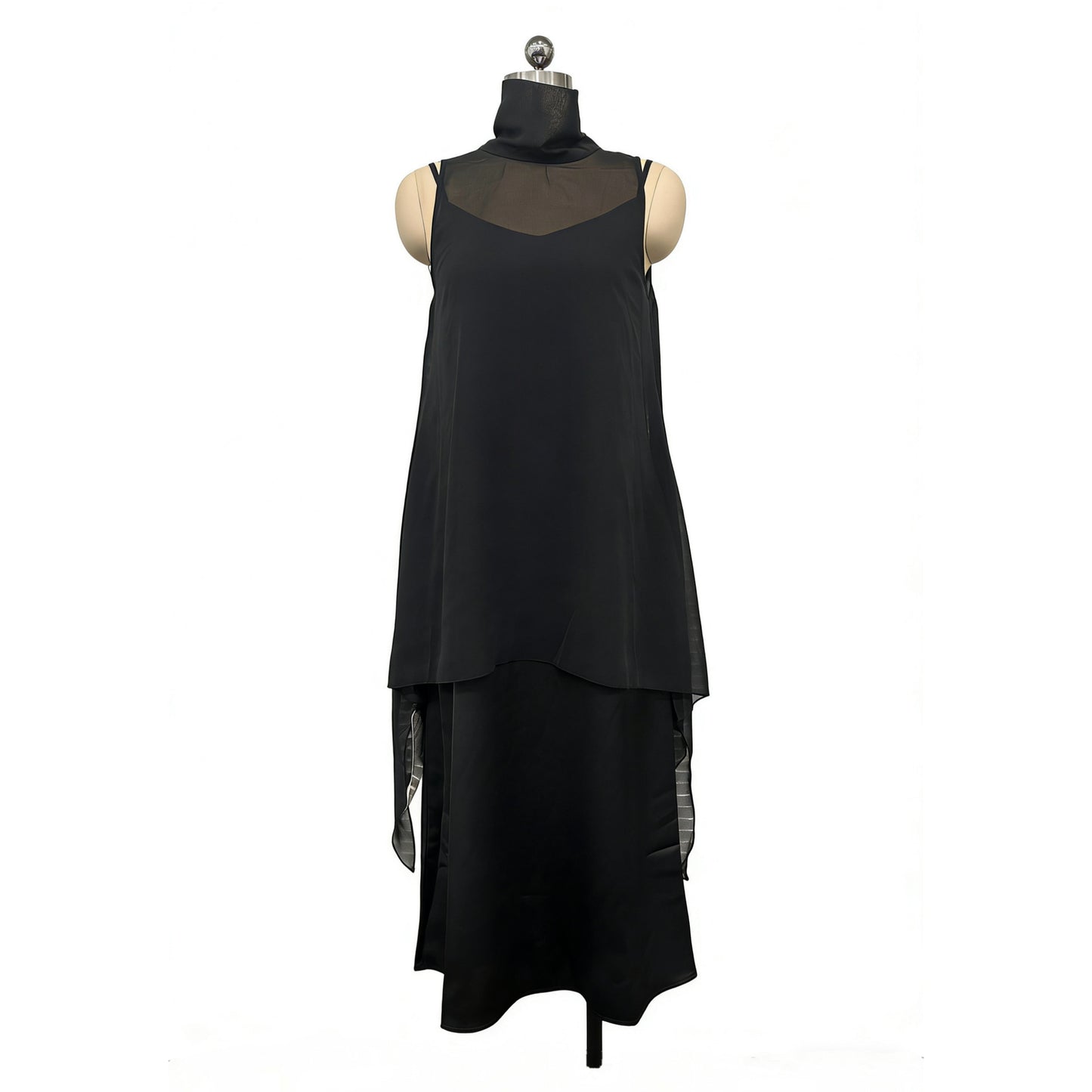 Hochgeschlossenes, asymmetrisches zweiteiliges Set aus schwarzem Slip-Chiffon