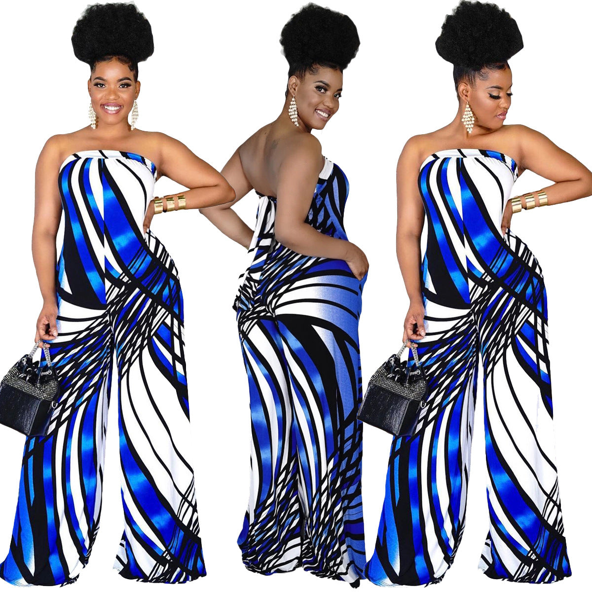 Damen Neckholder Jumpsuit mit Print, weiter Hose, Übergrößen