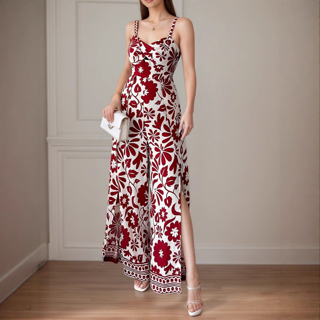 Combinaison-pantalon élégante pour femme avec bretelles et imprimé floral, style portefeuille