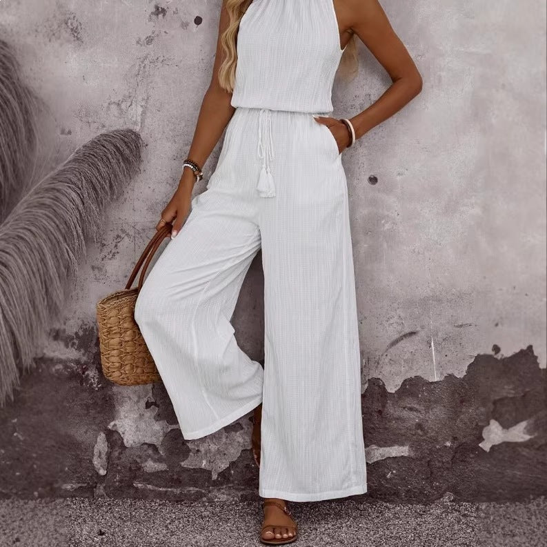 Tasseled Lace-up Pocketed Wide-leg Casual Jumpsuit For Women