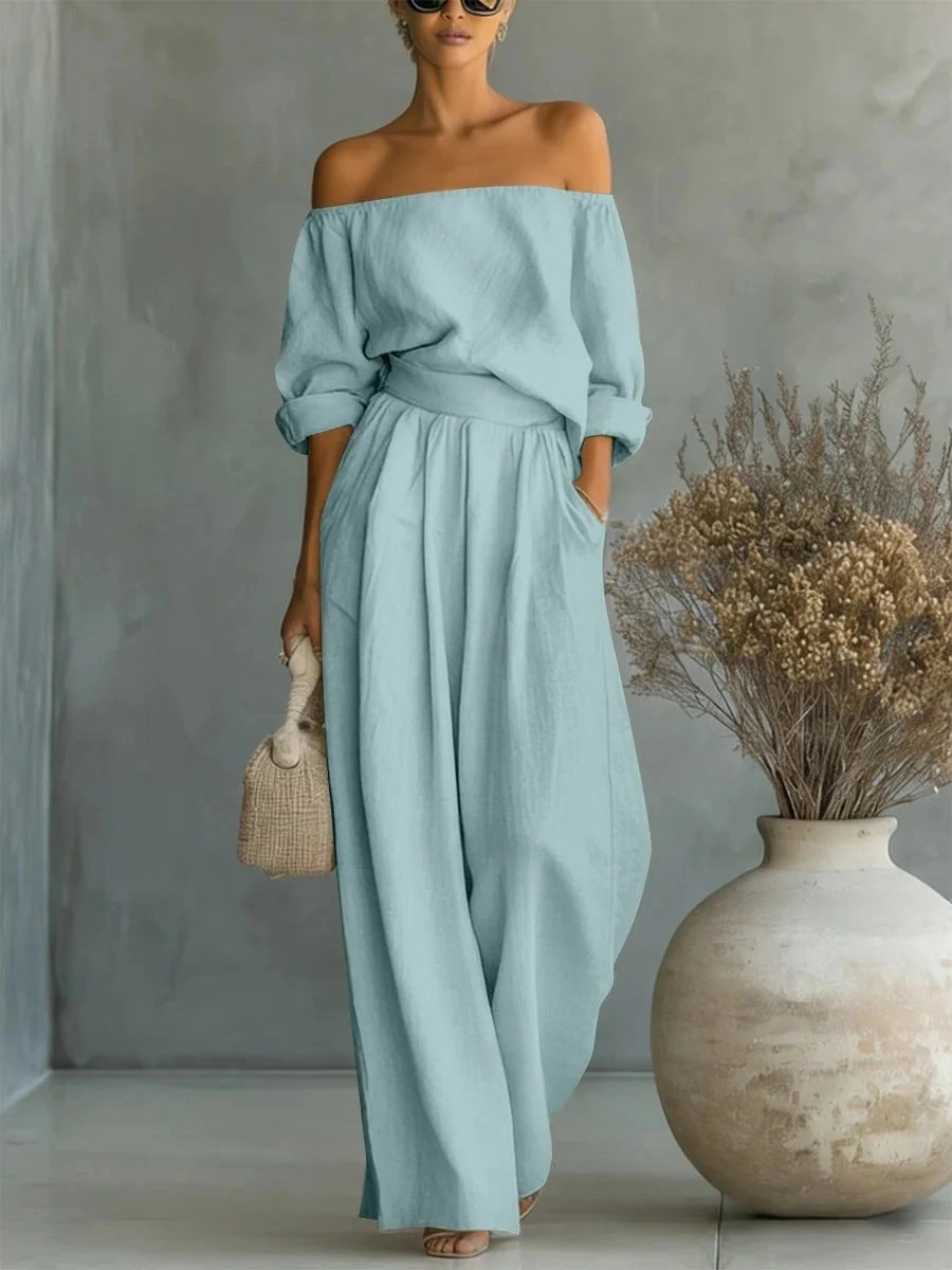 Freizeit Zweiteiler Damen-Outfit Off-Shoulder Top und Weite Hose Set