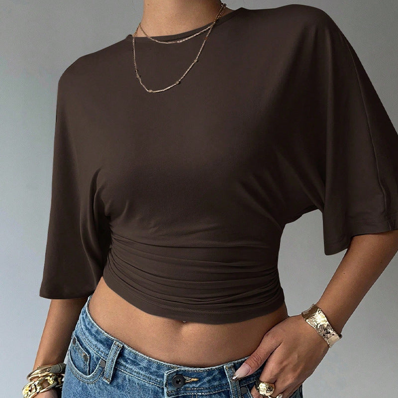 Einfarbiges bauchfreies Damen-T-Shirt mit halbem Arm, kurz geschnittenes Oberteil