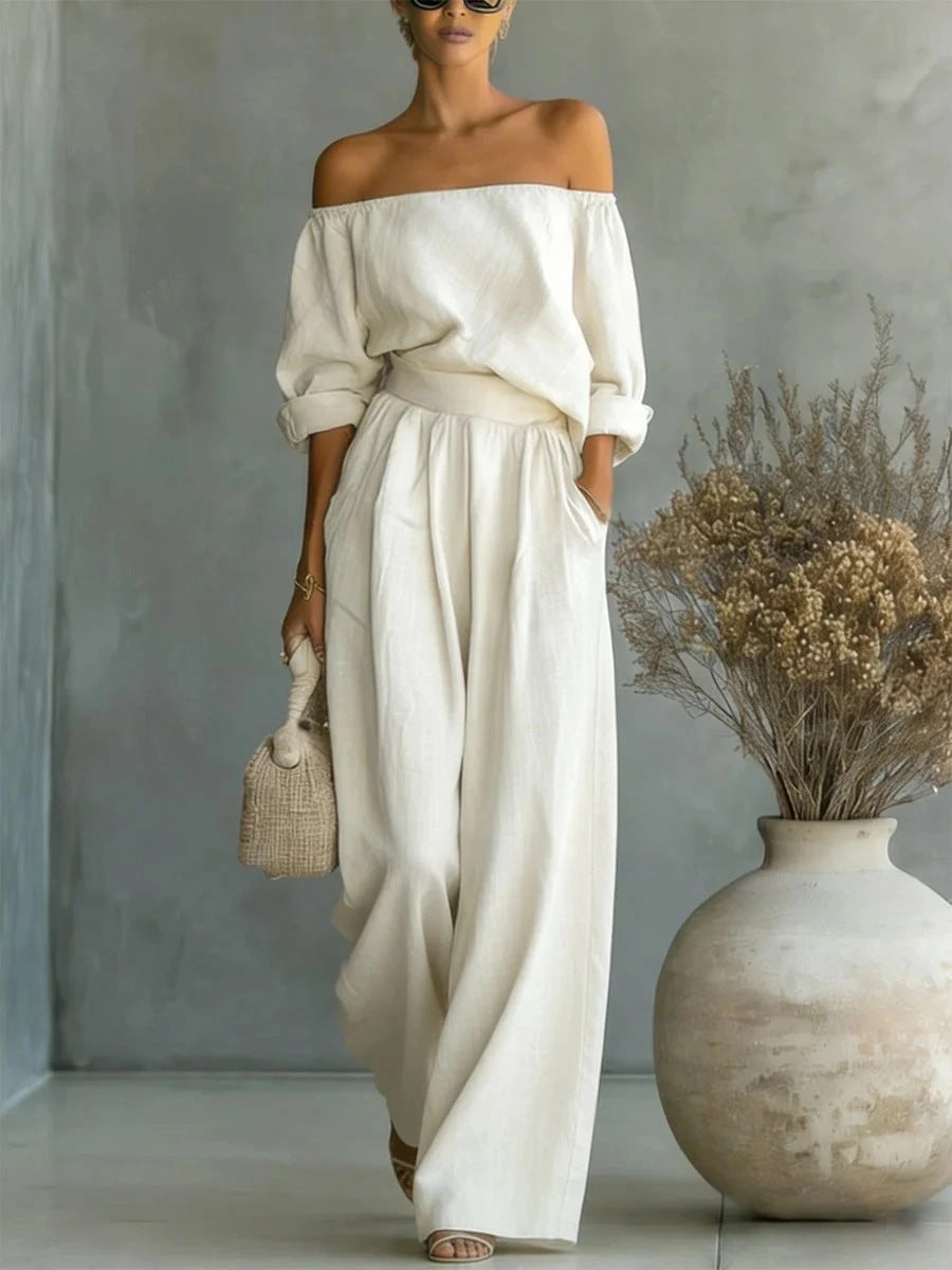 Freizeit Zweiteiler Damen-Outfit Off-Shoulder Top und Weite Hose Set