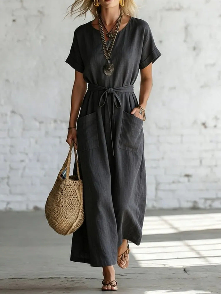 Short-Sleeve V-Neck Cotton-Linen Casual A-Line Dress