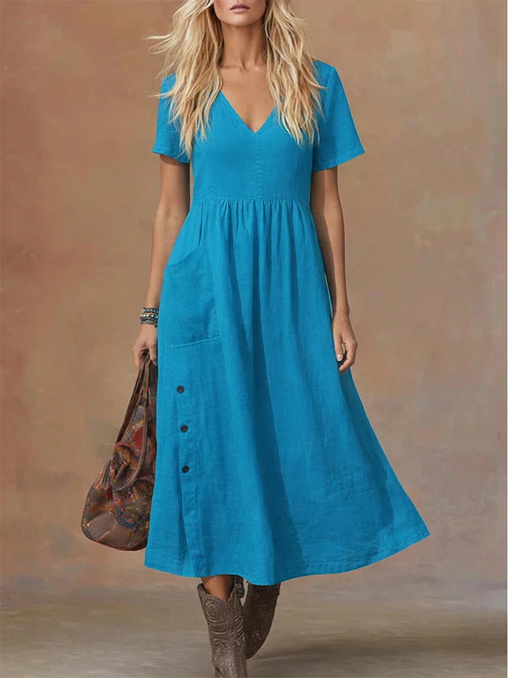 Robe ample tendance pour femme, col en V, manches courtes, avec poches