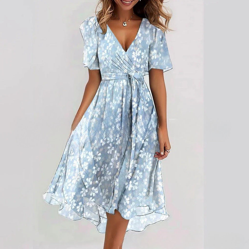 Robe d'été évasée à fleurs imprimées et col en V, à manches courtes pour femme
