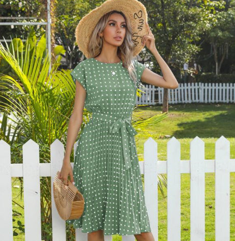 Sommer Damen Polka Dot Kurzarmkleid Freizeit Bandage Party Faltenrock Midi Kleider Elegant Grün Office Lady Kleidung