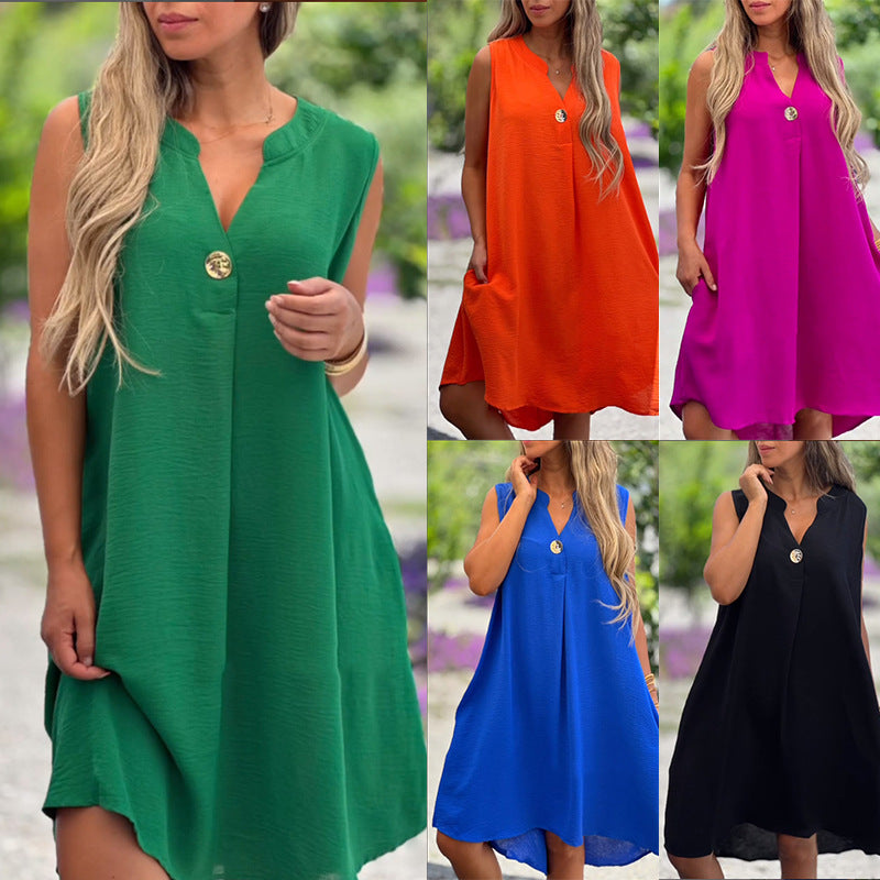 Robe unie sans manches à col en V avec détails boutonnés pour femme