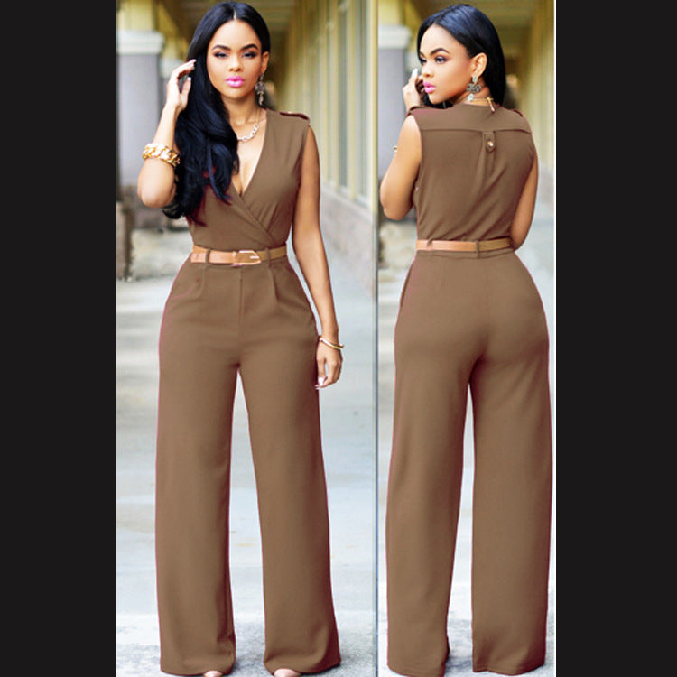 Ensemble tailleur irrégulier avec pantalon large taille haute, col en V et ceinture
