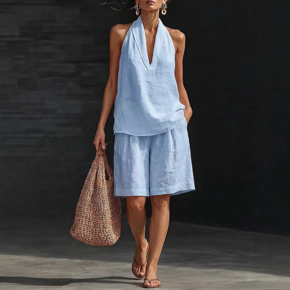 Cotton And Linen Casual Vest And Shorts Set For Women