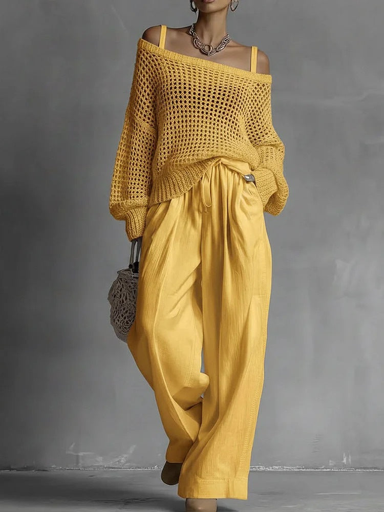 Womens Comfortable Hollow-Out Knitted Top And Linen Pants Two-Piece Set