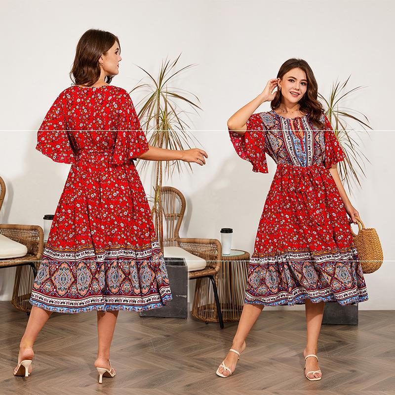 Damen Sommer V-Ausschnitt Strandkleid mit Print für große Größen