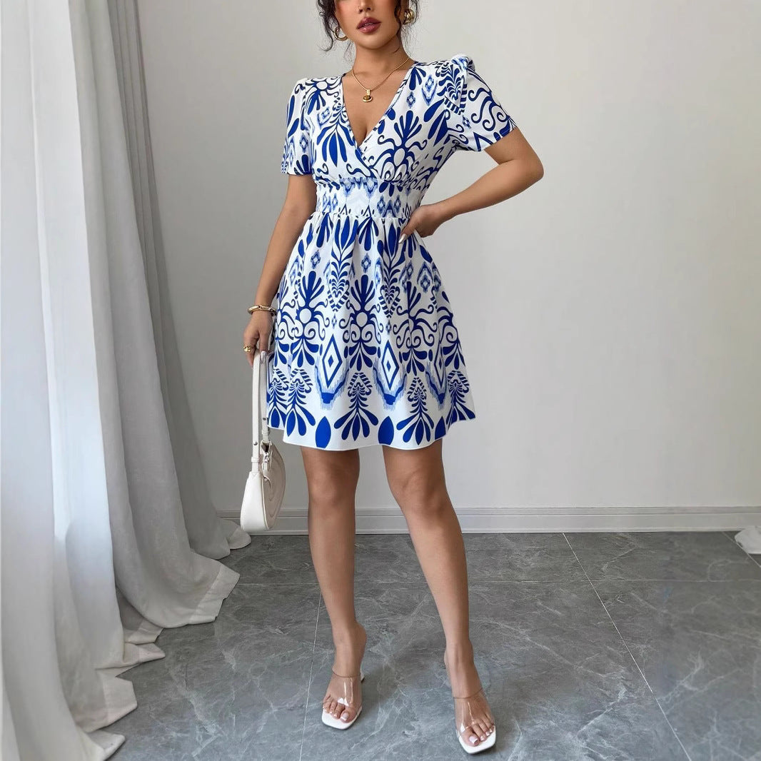 Fashion Printed Hot Girl Fitted Waist Bubble Dress Women