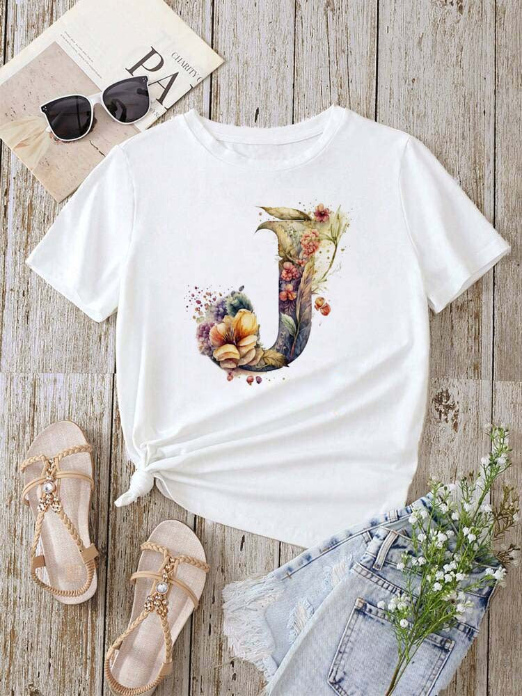 Stylish Womens T-shirt Featuring A Floral Letter Font With The First Letter Of Your Name Short-sleeve Top In White