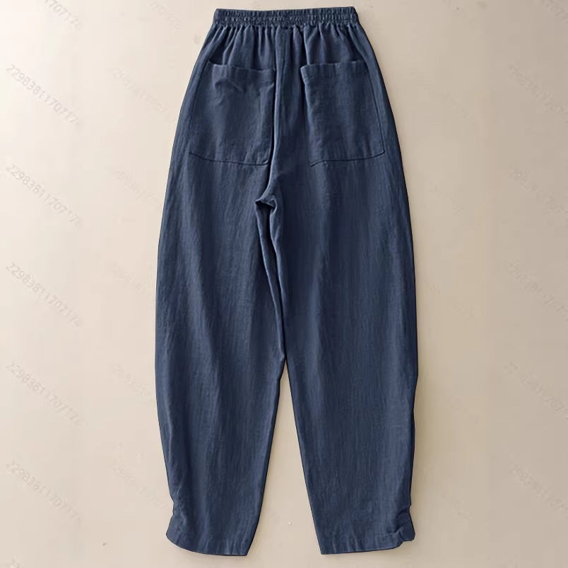 Marineblaue Ankle-Cinched Bloomer Hose aus Baumwoll-Leinen für Damen