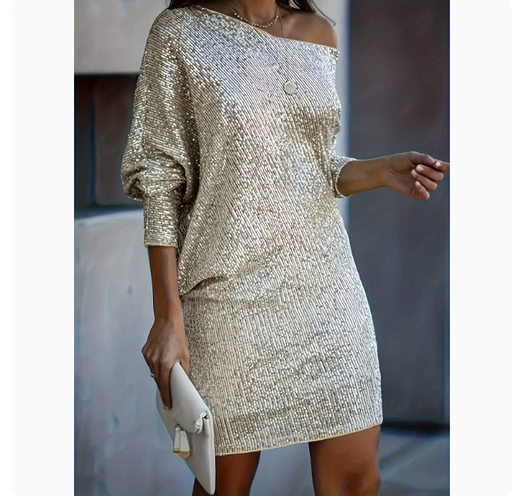 Mode Schräge Schulter Pailletten Kleid Ins Langarm Kleider Für Party Damenbekleidung