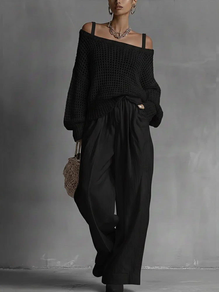 Womens Comfortable Hollow-Out Knitted Top And Linen Pants Two-Piece Set