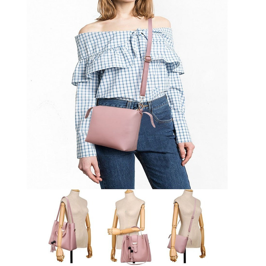 Ensemble de sacs à main pour femme 3 pièces avec pompon, sac fourre-tout, pochette, sac à bandoulière, sac à poignée supérieure