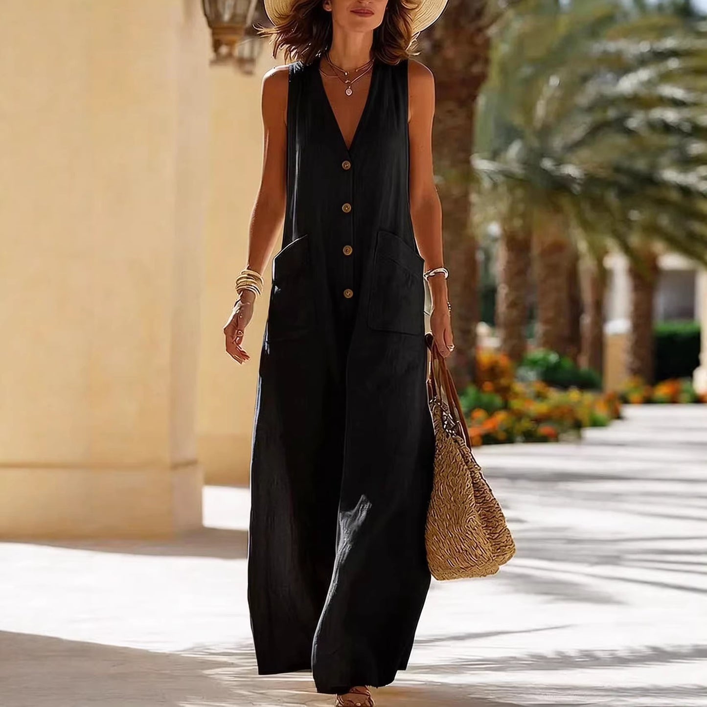 Simple And Comfortable Cotton-Linen Sleeveless Wide-Leg Jumpsuit With Button Pockets