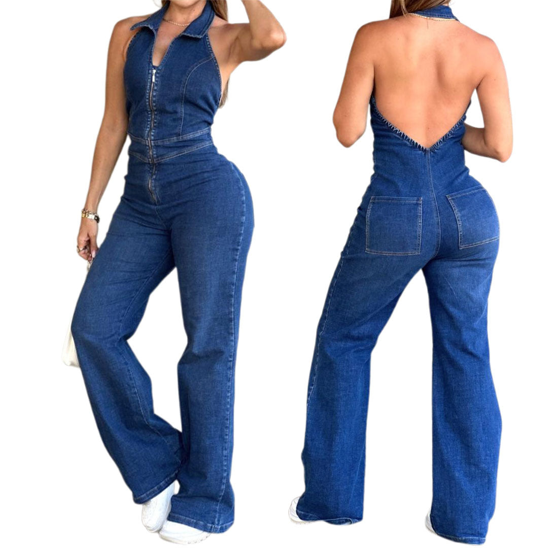 Sleeveless Fashionable Retro Backless Denim Jumpsuit For Women