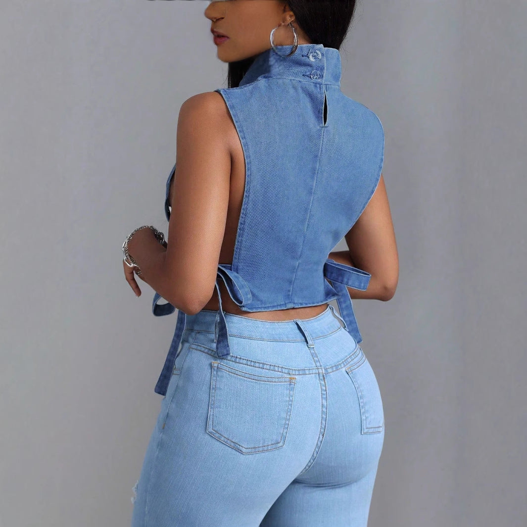 Damen sexy Schnür-Jeans-Top