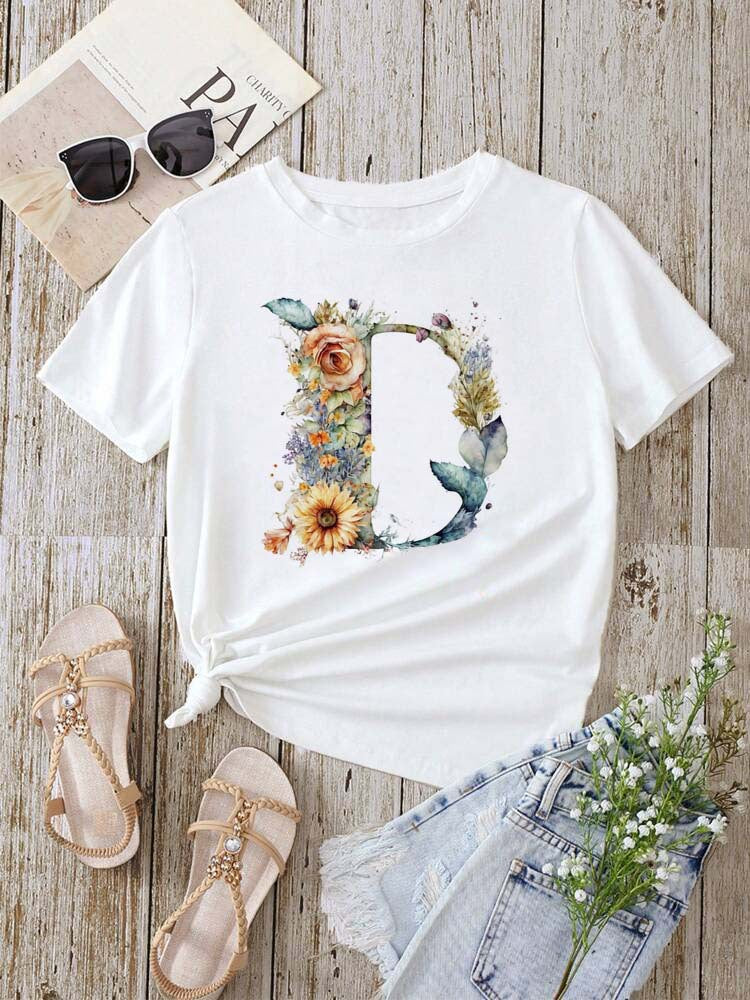 Stylish Womens T-shirt Featuring A Floral Letter Font With The First Letter Of Your Name Short-sleeve Top In White