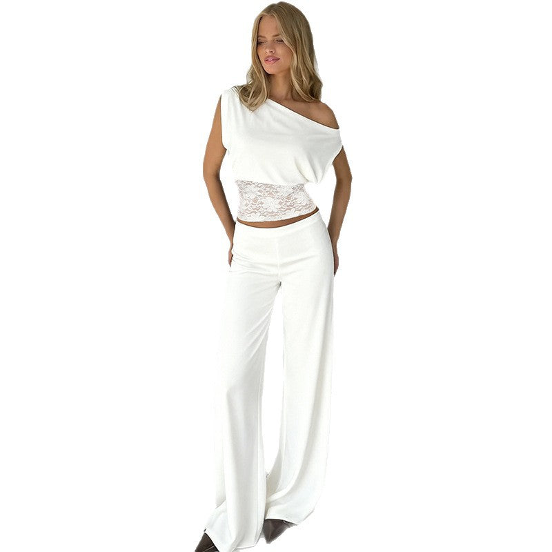 Womens Stylish Hollowed-Out Lace Patchwork Solid-Color Versatile Sleeveless T-Shirt