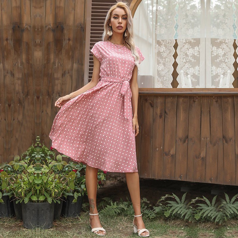 Sommer Damen Polka Dot Kurzarmkleid Freizeit Bandage Party Faltenrock Midi Kleider Elegant Grün Office Lady Kleidung