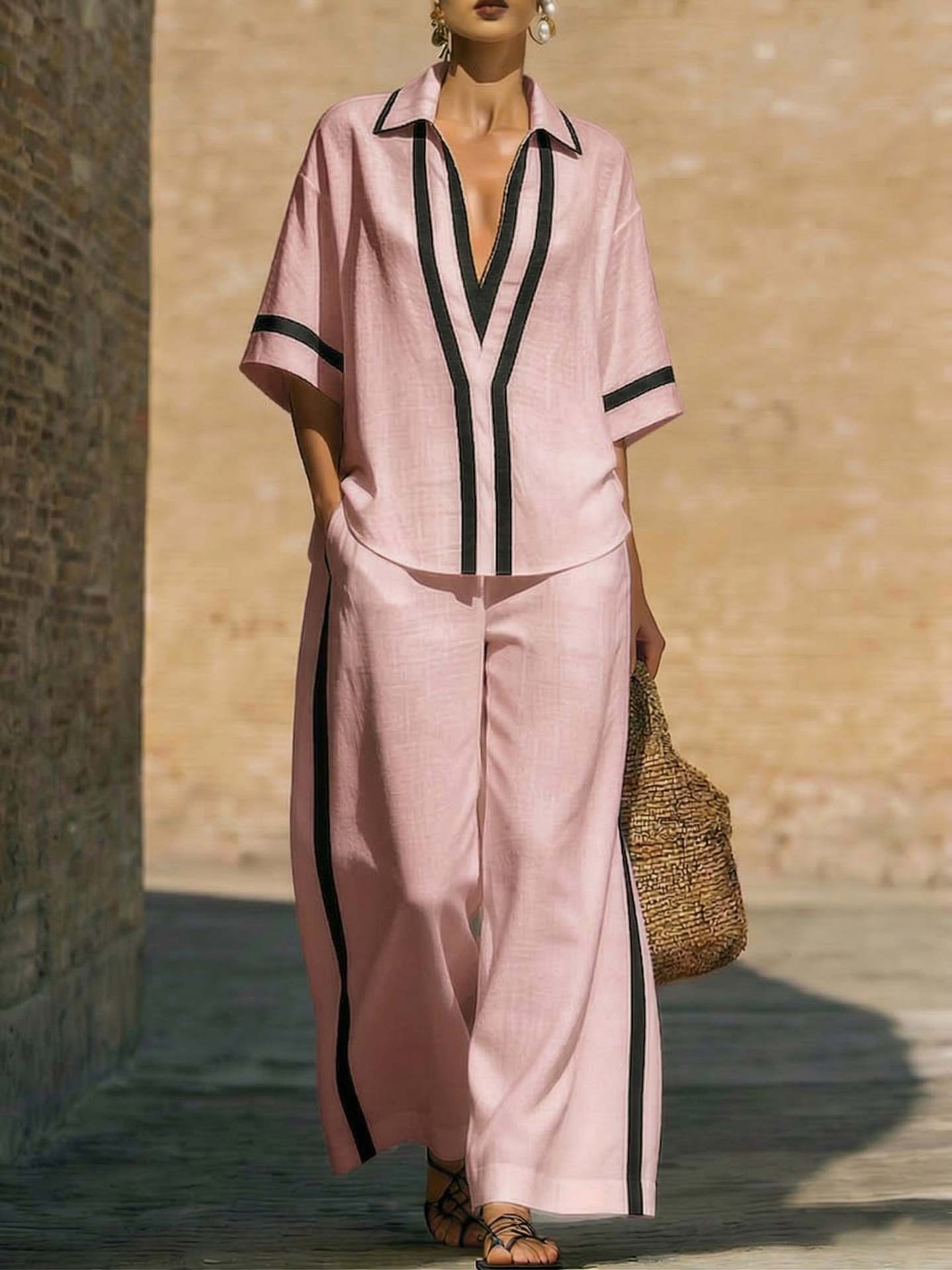 Color-Block Kurzarm-Top und weite Hose Zweiteiler Set - Lässiges Sommer Loose Fit Matching Outfit für Damen Alltag