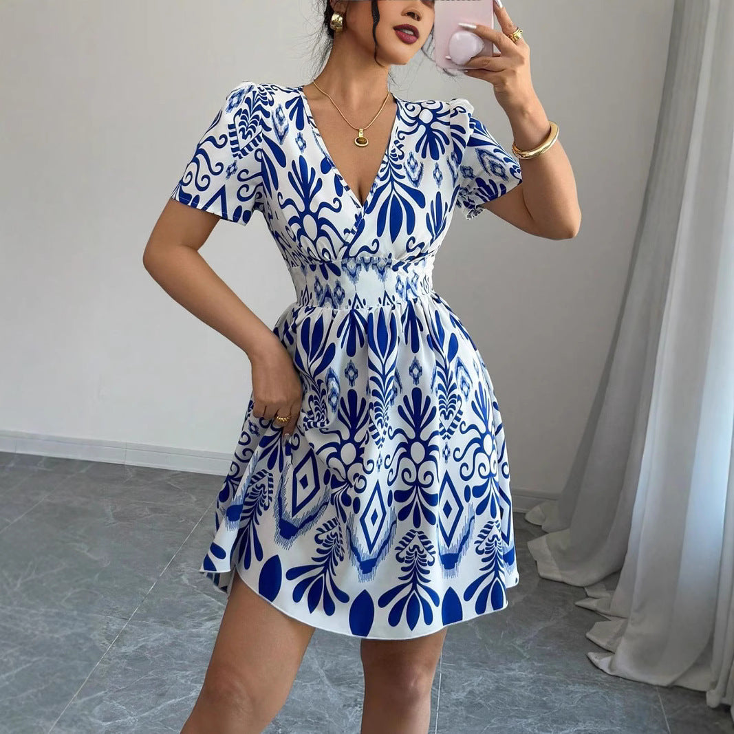 Fashion Printed Hot Girl Fitted Waist Bubble Dress Women