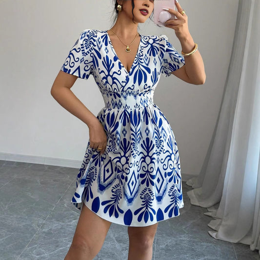 Fashion Printed Hot Girl Fitted Waist Bubble Dress Women