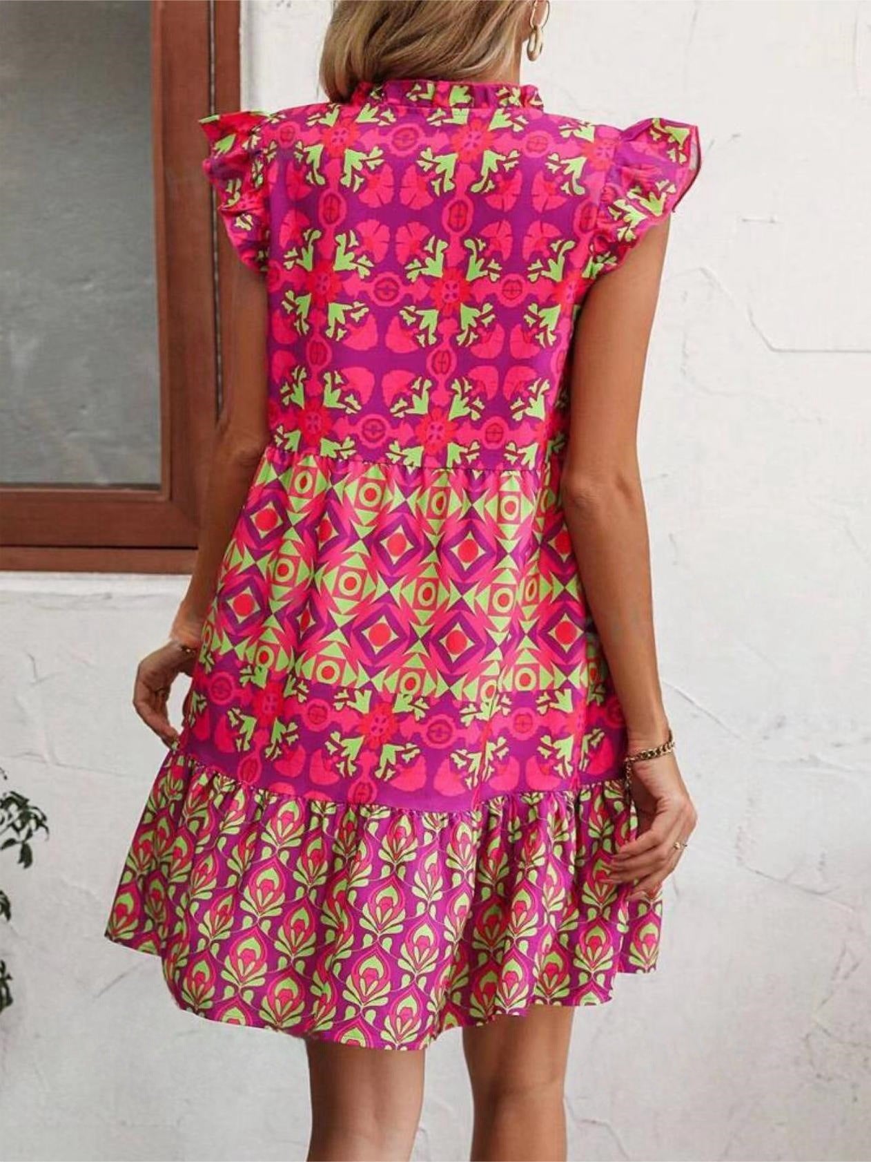 Bedrucktes ärmelloses Kleid Sommer Mode V-Ausschnitt zum Schnüren gerade Kleider für Damenbekleidung