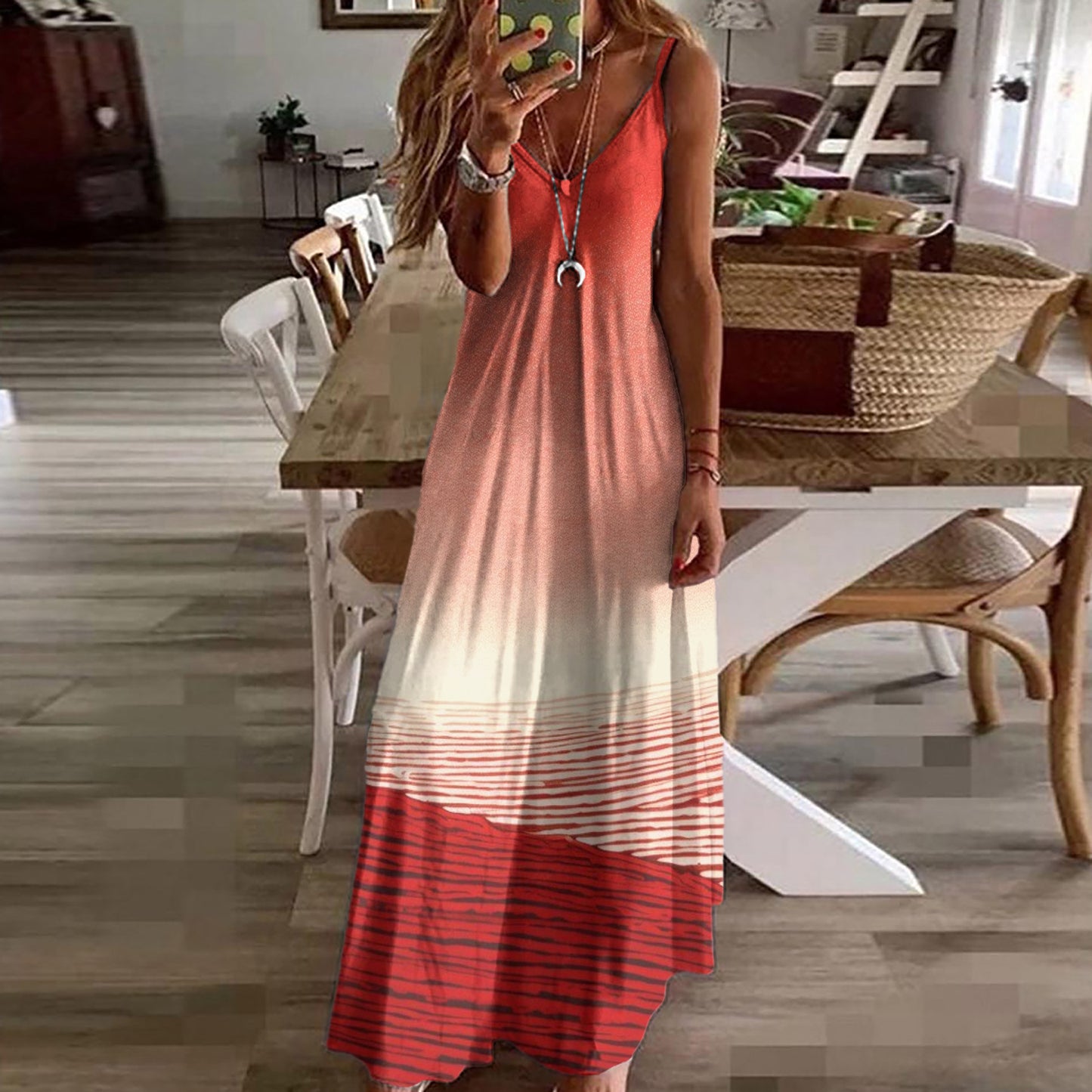 Digital Print Dress SpringSummer Floral V-Neck Slip Maxi Dress
