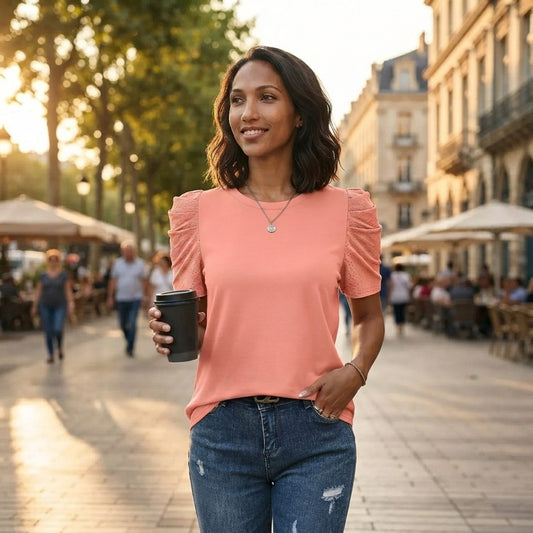 WIHOLL Puff Sleeve Crewneck Blouse