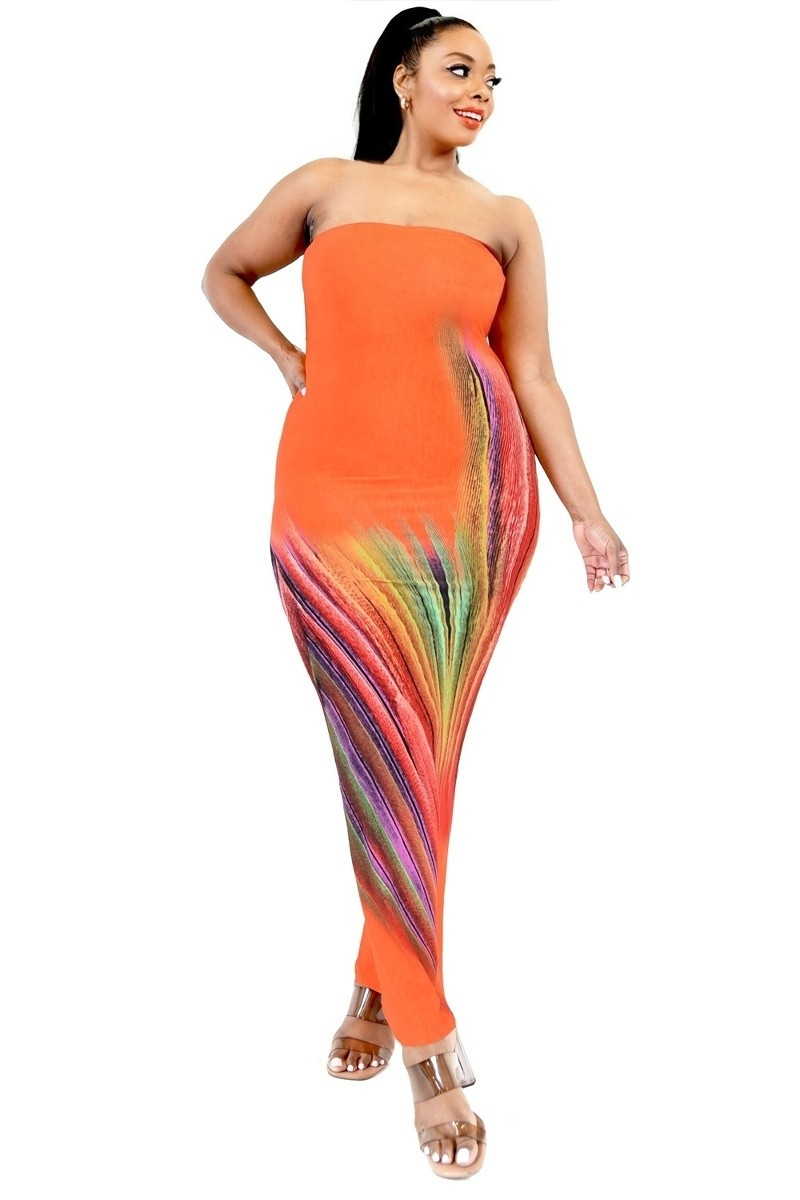 EVAVON Womens Plus Size Sleeveless Orange/Multi Color Gradient Tube Top Maxi Dress